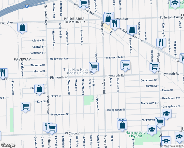 map of restaurants, bars, coffee shops, grocery stores, and more near 12850 Plymouth Road in Detroit