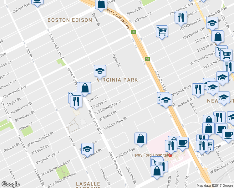 map of restaurants, bars, coffee shops, grocery stores, and more near 1506 Pingree Street in Detroit