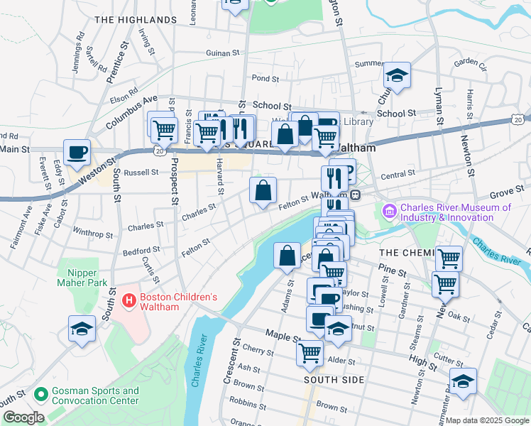 map of restaurants, bars, coffee shops, grocery stores, and more near 100 Felton Street in Waltham
