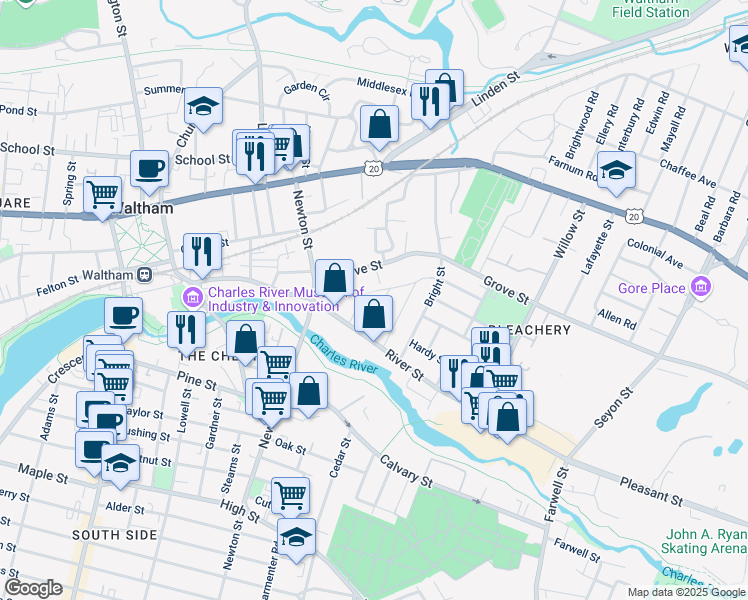 map of restaurants, bars, coffee shops, grocery stores, and more near 51 Clark Street in Waltham