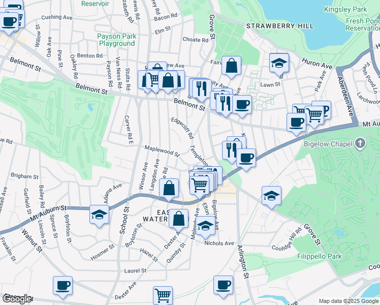 map of restaurants, bars, coffee shops, grocery stores, and more near 17 Edgecliff Road in Watertown