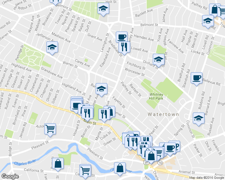 map of restaurants, bars, coffee shops, grocery stores, and more near 102 Waverley Avenue in Watertown