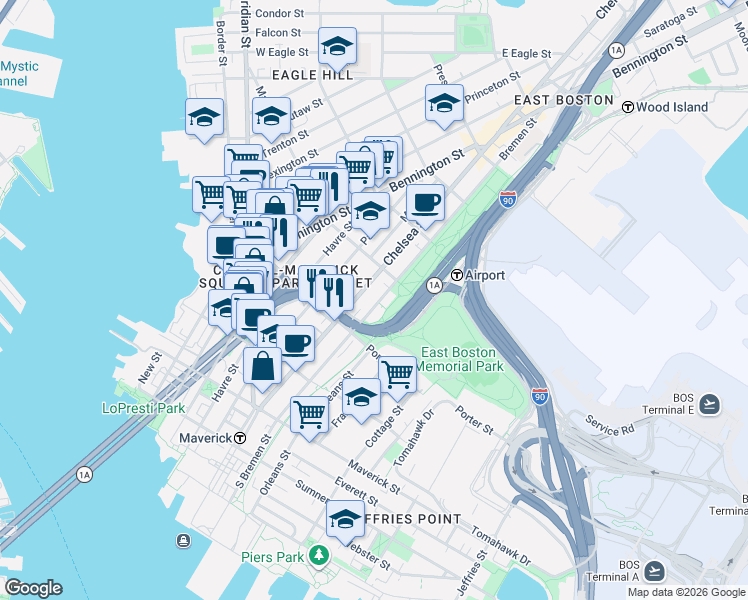 map of restaurants, bars, coffee shops, grocery stores, and more near 200 Bremen Street in Boston