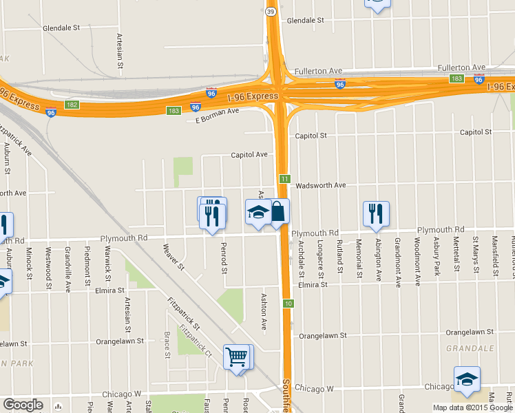 map of restaurants, bars, coffee shops, grocery stores, and more near 11681 Ashton Ave in Detroit