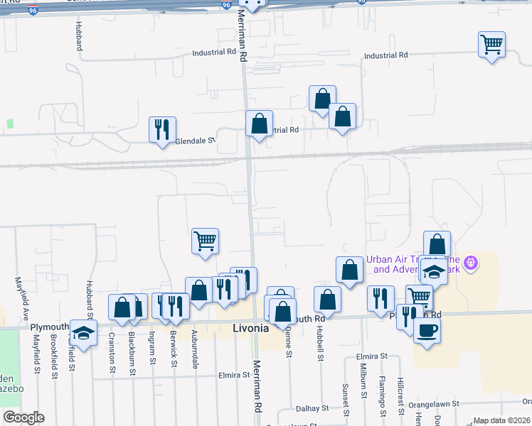 map of restaurants, bars, coffee shops, grocery stores, and more near 12170 Merriman Road in Livonia