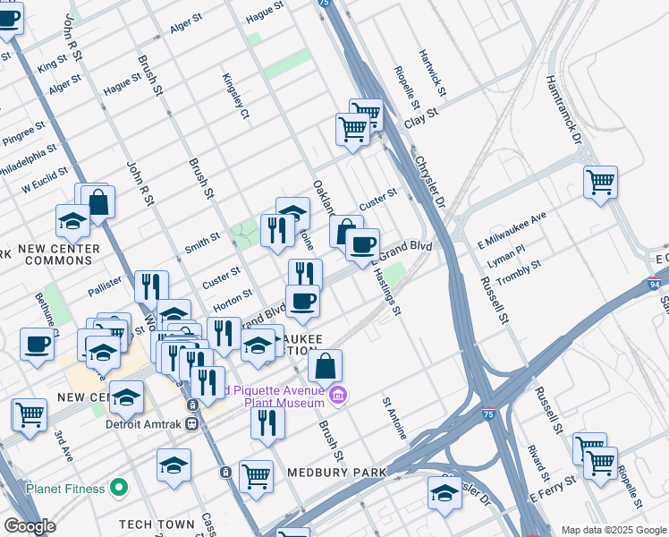 map of restaurants, bars, coffee shops, grocery stores, and more near 2868 East Grand Boulevard in Detroit