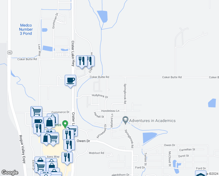 map of restaurants, bars, coffee shops, grocery stores, and more near 1607 Robin Way in Medford