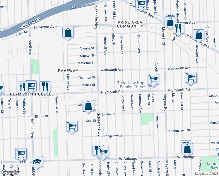 map of restaurants, bars, coffee shops, grocery stores, and more near 11630 Hartwell Street in Detroit