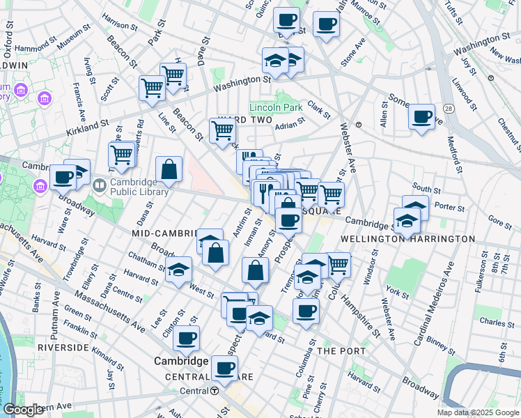 map of restaurants, bars, coffee shops, grocery stores, and more near 1384 Cambridge Street in Cambridge