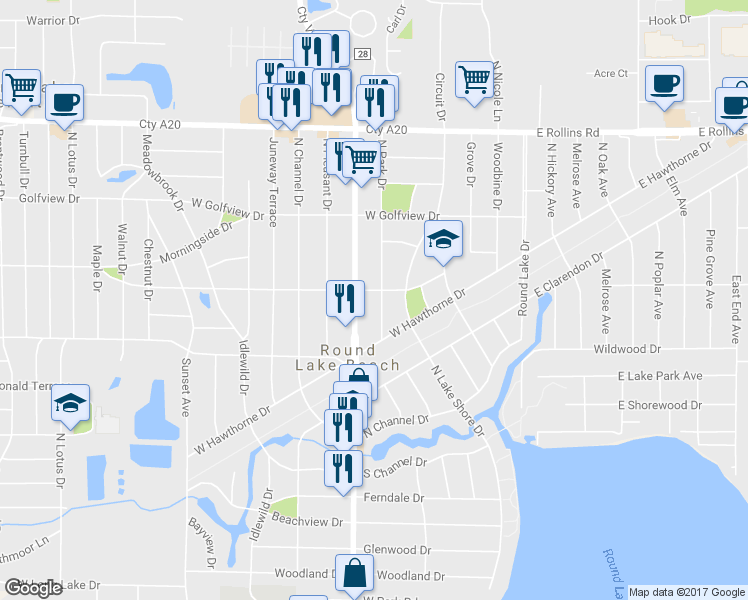map of restaurants, bars, coffee shops, grocery stores, and more near 1402 North Park Drive in Round Lake Beach