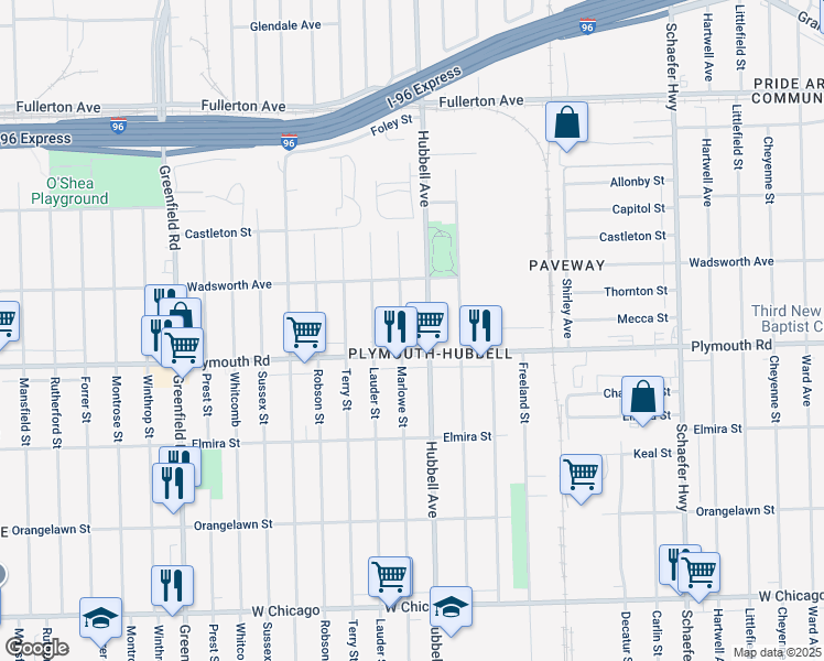 map of restaurants, bars, coffee shops, grocery stores, and more near 11644 Marlowe Street in Detroit