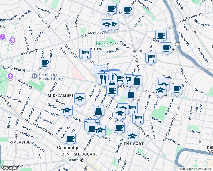 map of restaurants, bars, coffee shops, grocery stores, and more near 1348 Cambridge Street in Cambridge