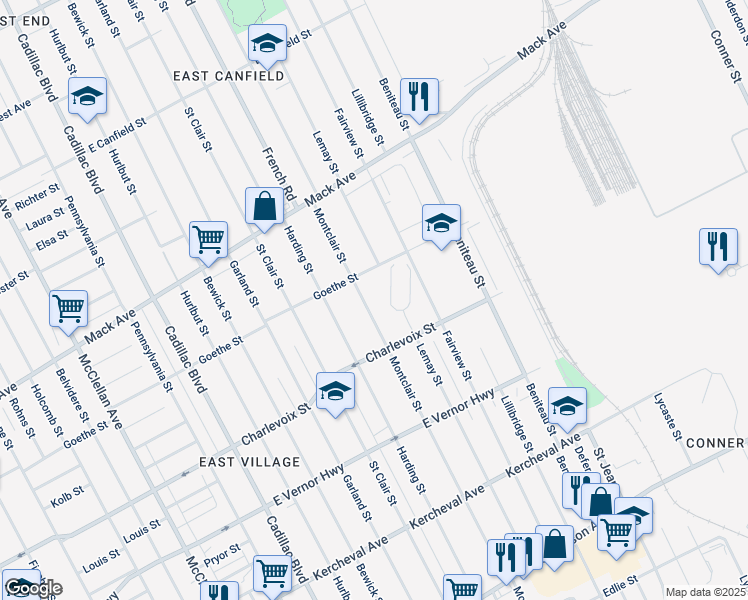 map of restaurants, bars, coffee shops, grocery stores, and more near 3010 Montclair Street in Detroit