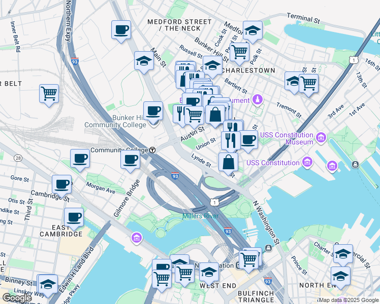 map of restaurants, bars, coffee shops, grocery stores, and more near 56 Union Street in Boston