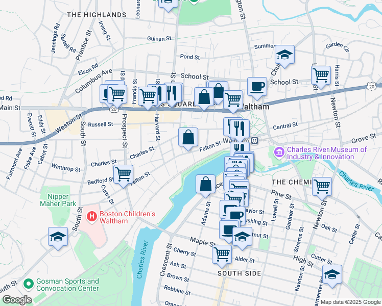 map of restaurants, bars, coffee shops, grocery stores, and more near 98 Felton Street in Waltham