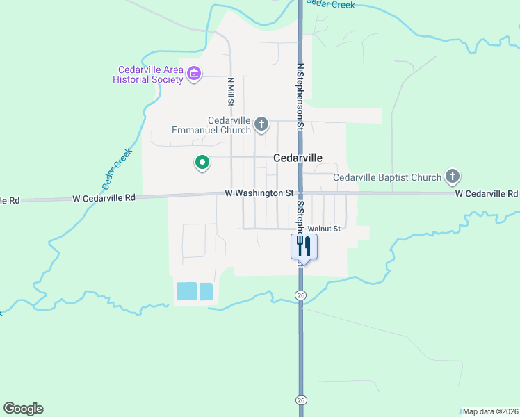 map of restaurants, bars, coffee shops, grocery stores, and more near 45 South Cedar Street in Cedarville