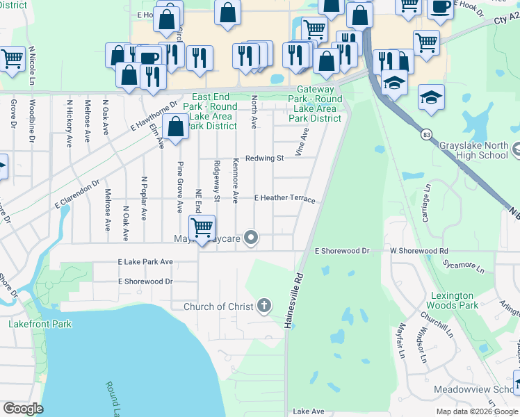 map of restaurants, bars, coffee shops, grocery stores, and more near 1403 North Avenue in Round Lake Beach