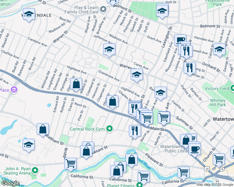 map of restaurants, bars, coffee shops, grocery stores, and more near 55 Gilbert Street in Watertown