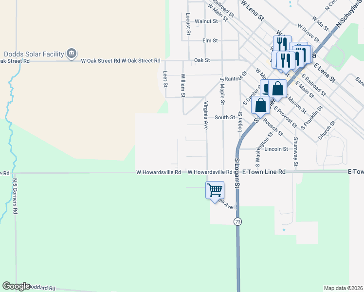 map of restaurants, bars, coffee shops, grocery stores, and more near 722 Meadow Ridge Lane in Lena