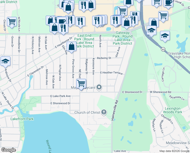 map of restaurants, bars, coffee shops, grocery stores, and more near 1403 Kenmore Avenue in Round Lake Beach