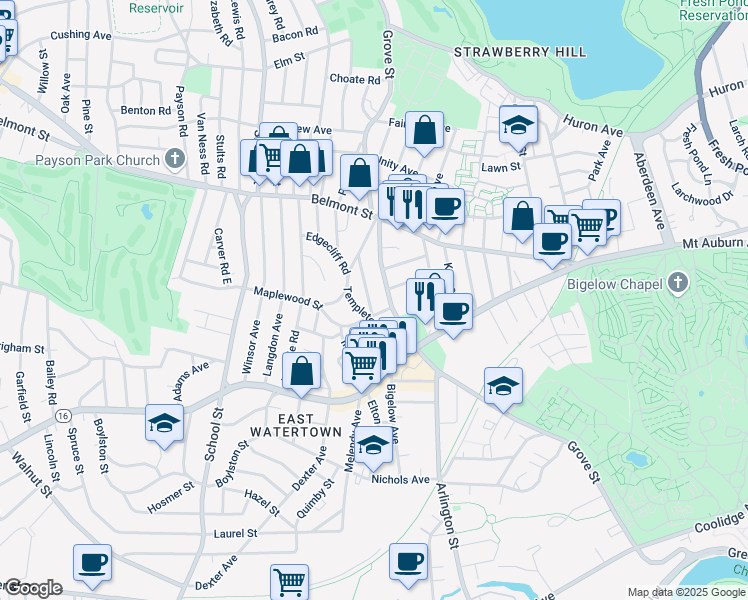 map of restaurants, bars, coffee shops, grocery stores, and more near 82 Salisbury Road in Watertown