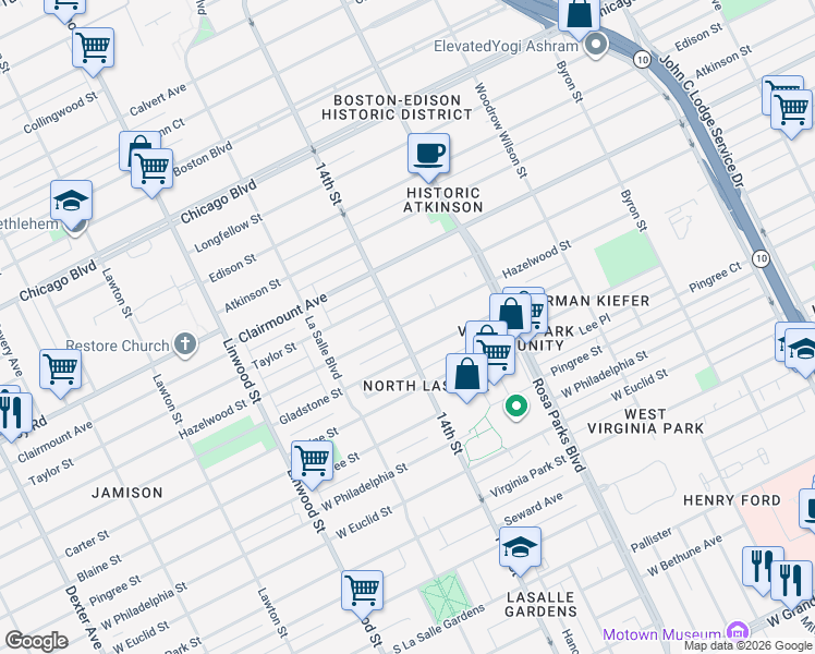 map of restaurants, bars, coffee shops, grocery stores, and more near 2081 Hazelwood Street in Detroit
