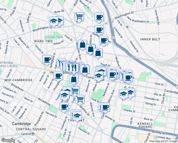 map of restaurants, bars, coffee shops, grocery stores, and more near 432 Columbia Street in Cambridge