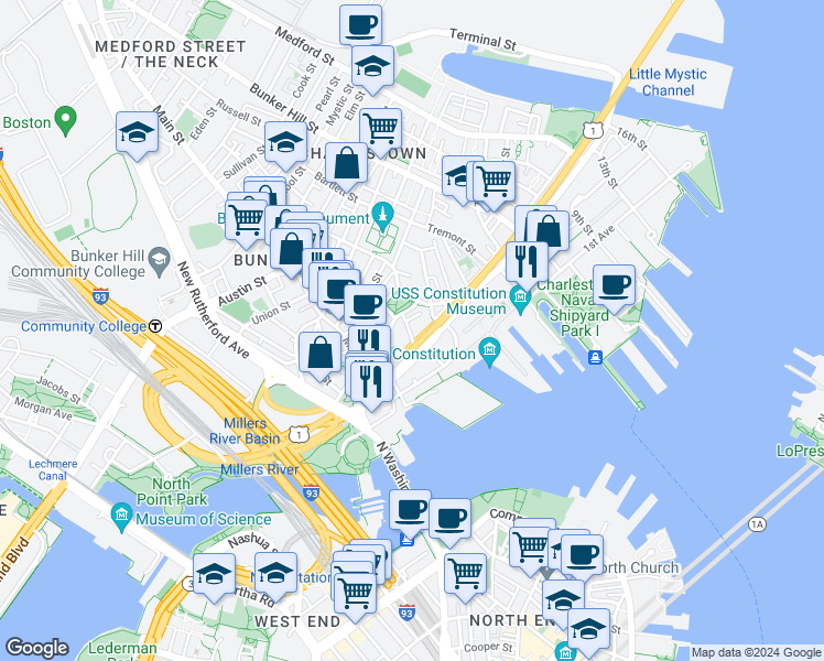 map of restaurants, bars, coffee shops, grocery stores, and more near 5 Putnam Street in Boston