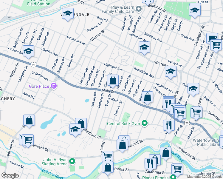 map of restaurants, bars, coffee shops, grocery stores, and more near 5 Stuart Street in Watertown