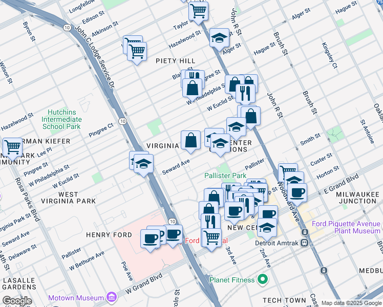 map of restaurants, bars, coffee shops, grocery stores, and more near 50 Seward Avenue in Detroit