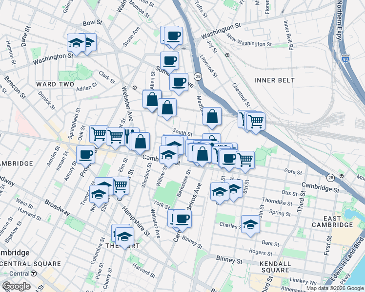 map of restaurants, bars, coffee shops, grocery stores, and more near 33 Harding Street in Cambridge