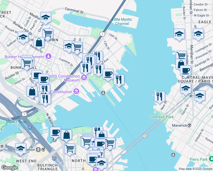 map of restaurants, bars, coffee shops, grocery stores, and more near 197 8th Street in Boston
