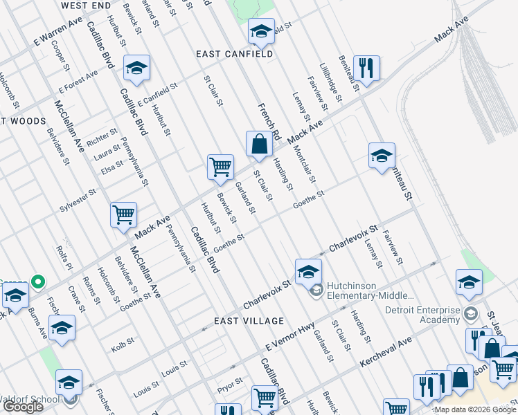 map of restaurants, bars, coffee shops, grocery stores, and more near 3422 Garland Street in Detroit