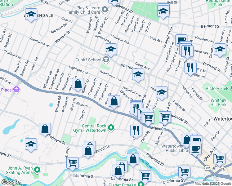 map of restaurants, bars, coffee shops, grocery stores, and more near 52 Gilbert Street in Watertown