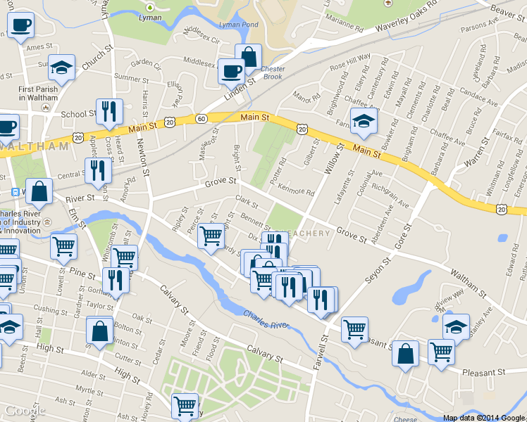 map of restaurants, bars, coffee shops, grocery stores, and more near 145 Clark Street in Waltham
