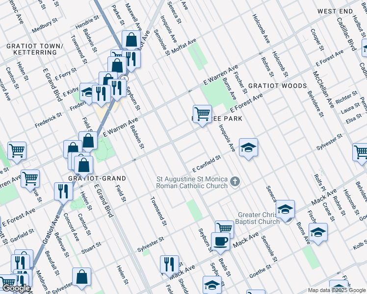 map of restaurants, bars, coffee shops, grocery stores, and more near 8025 Manila Street in Detroit