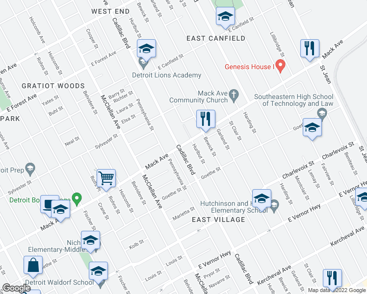 map of restaurants, bars, coffee shops, grocery stores, and more near 10100 Mack Avenue in Detroit