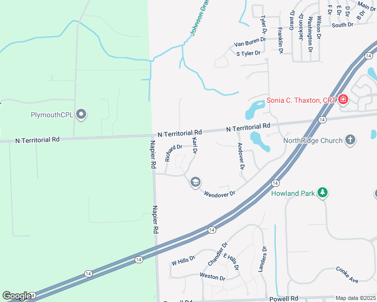 map of restaurants, bars, coffee shops, grocery stores, and more near 50901 Richard Drive in Plymouth
