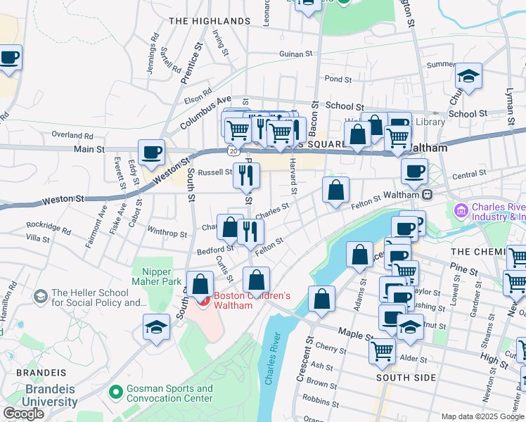 map of restaurants, bars, coffee shops, grocery stores, and more near 199 Charles Street in Waltham