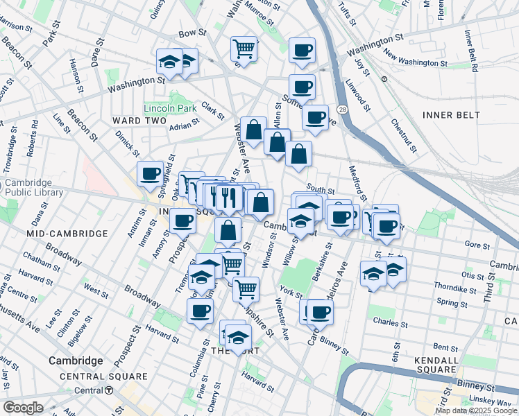 map of restaurants, bars, coffee shops, grocery stores, and more near 432 Columbia Street in Cambridge