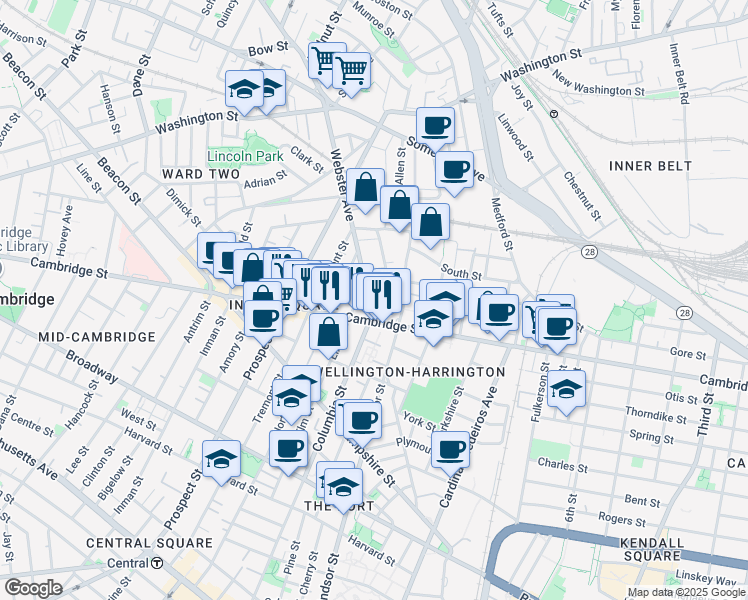 map of restaurants, bars, coffee shops, grocery stores, and more near 305 Webster Avenue in Cambridge
