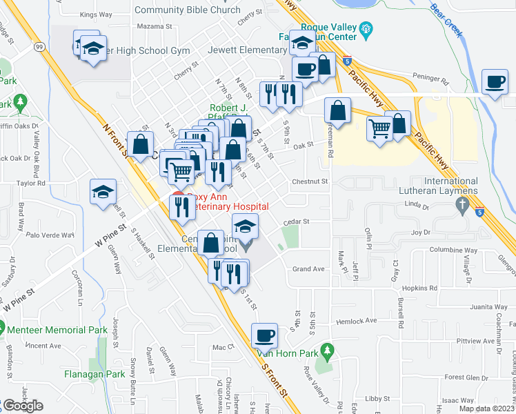 map of restaurants, bars, coffee shops, grocery stores, and more near 437 Ash Street in Central Point