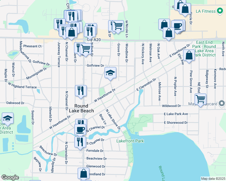 map of restaurants, bars, coffee shops, grocery stores, and more near Ardmore Drive in Round Lake Beach