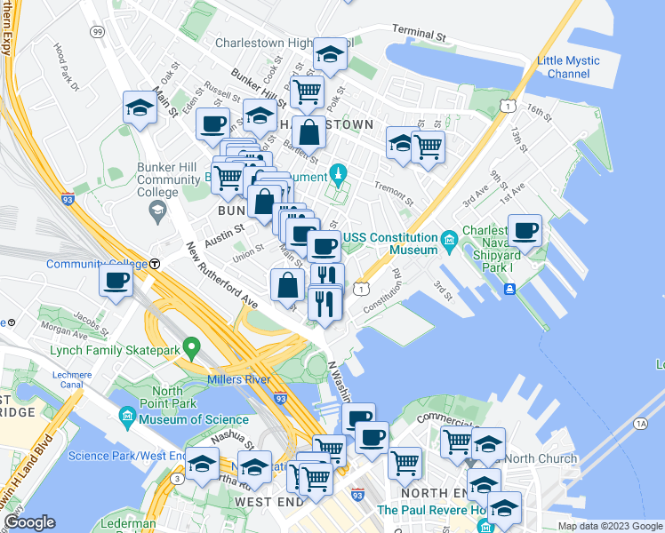 map of restaurants, bars, coffee shops, grocery stores, and more near 39-49 Warren Street in Boston