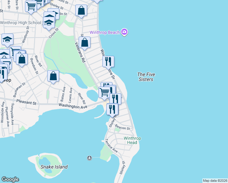 map of restaurants, bars, coffee shops, grocery stores, and more near 18 Irwin Street in Winthrop