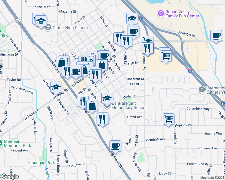 map of restaurants, bars, coffee shops, grocery stores, and more near 437 Ash Street in Central Point