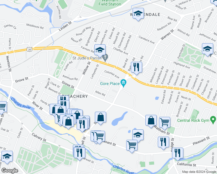 map of restaurants, bars, coffee shops, grocery stores, and more near 19 Aberdeen Avenue in Waltham