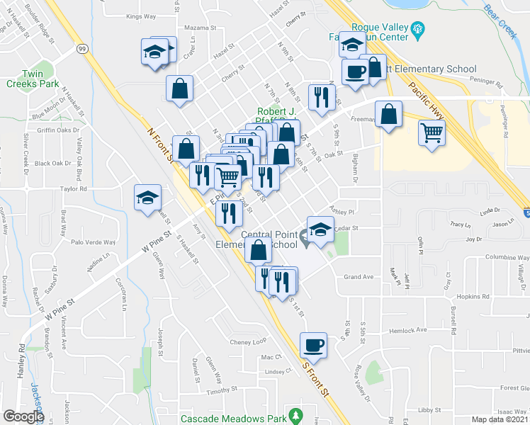 map of restaurants, bars, coffee shops, grocery stores, and more near 155 South 2nd Street in Central Point