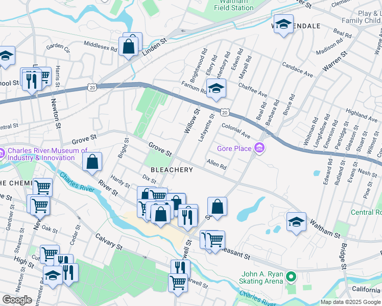 map of restaurants, bars, coffee shops, grocery stores, and more near 93 Lafayette Street in Waltham