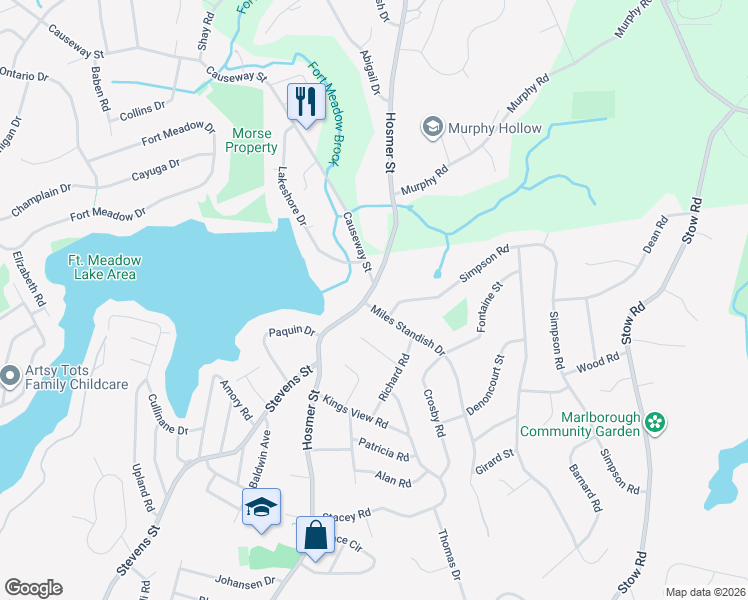 map of restaurants, bars, coffee shops, grocery stores, and more near 6 Miles Standish Drive in Marlborough
